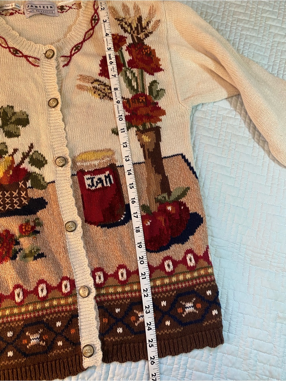 Jantzen Cream Multicolor Floral and Still-Life Intarsia Cardigan Size M - Picture 4 of 8